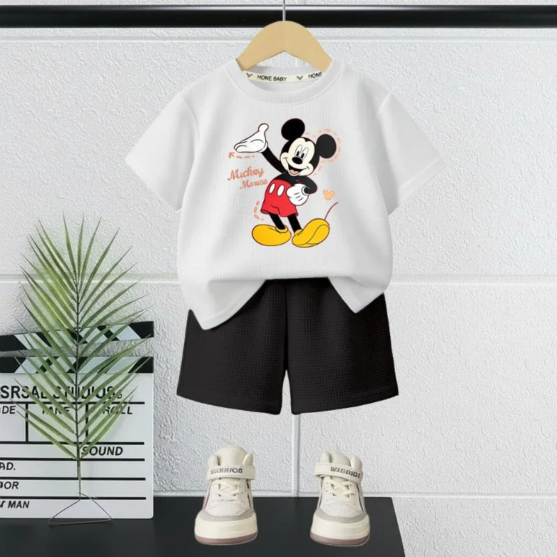 DISNEY Mickey Printed Summer Boys Casual Outfits Children Breathable T Shirt and Short Bottom Two Piece Set Kids Shorts Set New