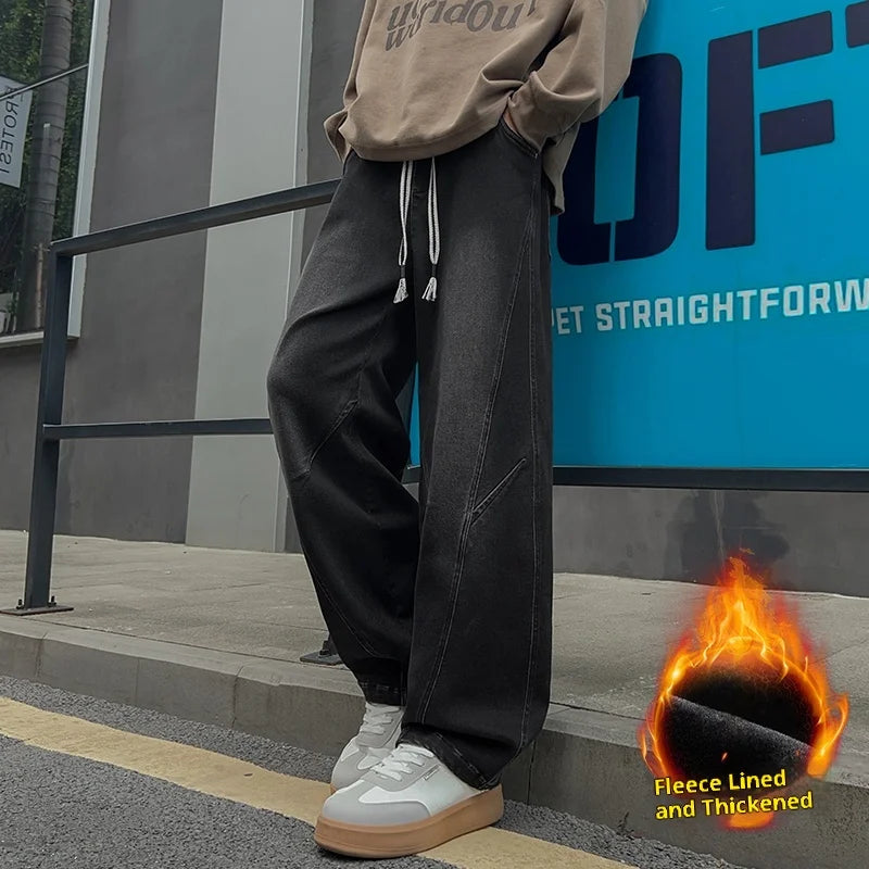 Men's Fleece-Lined Thick Wide-Leg Jeans with Vintage Washed Design, Elastic Drawstring Waist, Winter Warmth That Doesn'T Freeze the Legs, Available in Black/Blue, Loose Fit That Makes You Look Slimmer and Taller, Suitable for