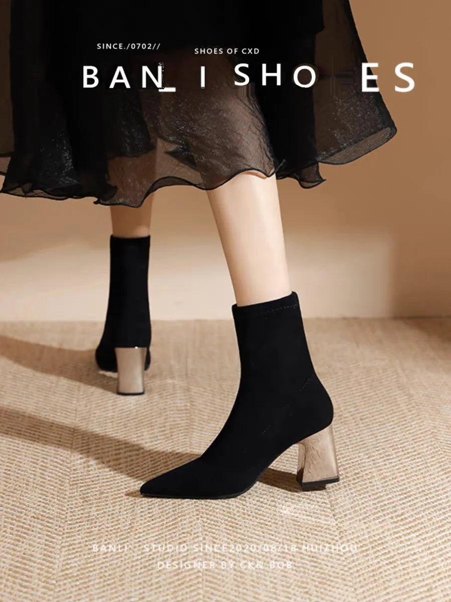 Womens Sexy Boots Suede Women'S Thick Heels And Pointed Black High Heels Versatile And Elegant Boots Zapatos De Mujer Ofertas