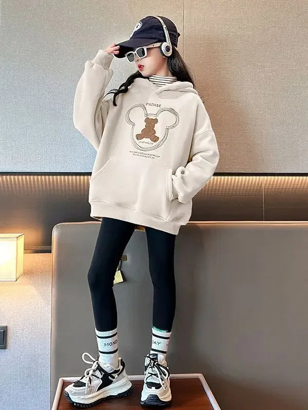 2026 girls clothes spring winter sweatshirt bear t-shirt hooded + stretch pants leggings teens children set 8 9 10 11 12 year