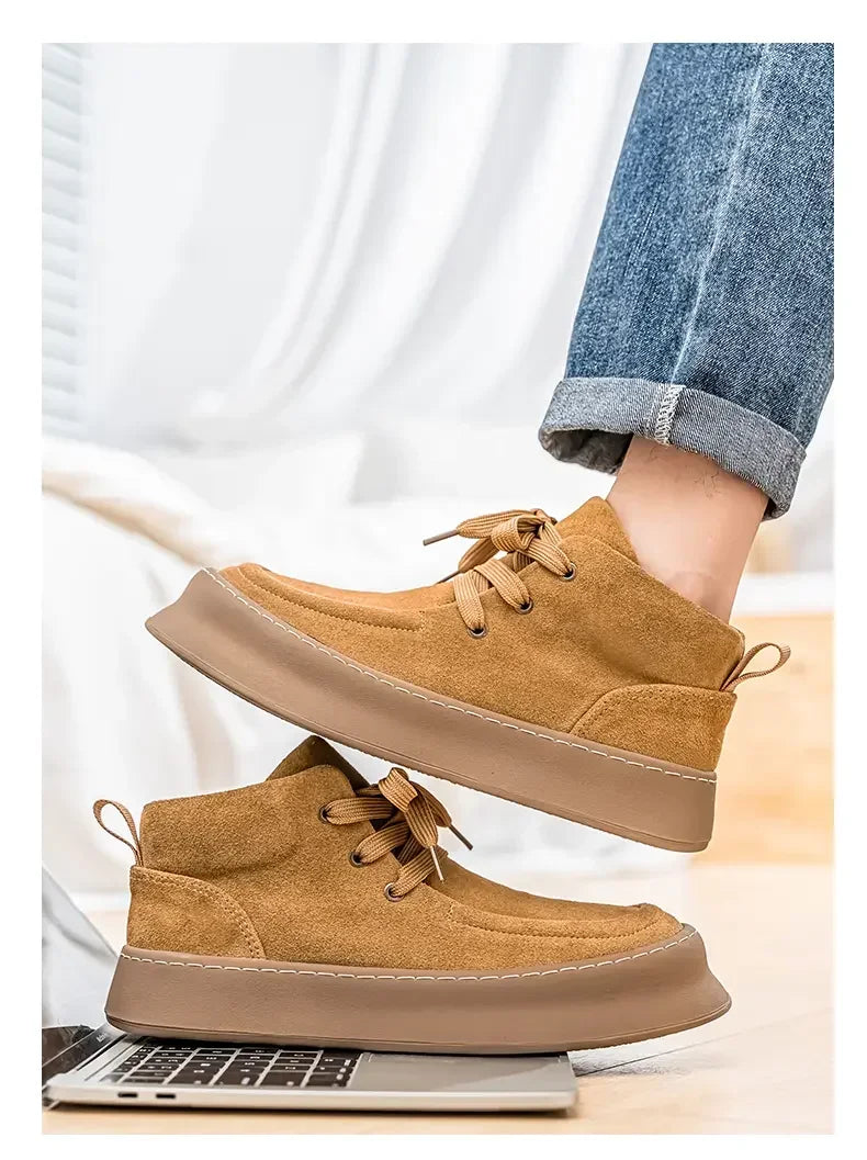 Men's High-top Boots in Solid Colors Flat Heels and Lace-up A Trendy Brand Design for The Four Seasons Fashion Walking Boots