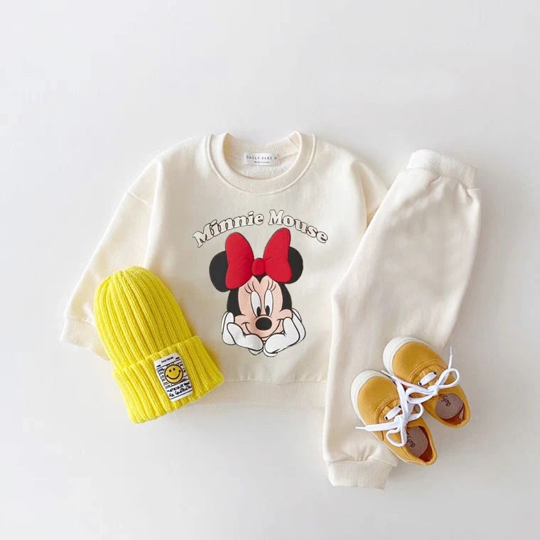 Minnie Sweatshirt Suits Black White Two Piece Set Spring Autumn Costume Fashion Simple Hoodies Sweatpants Kids New Clothing