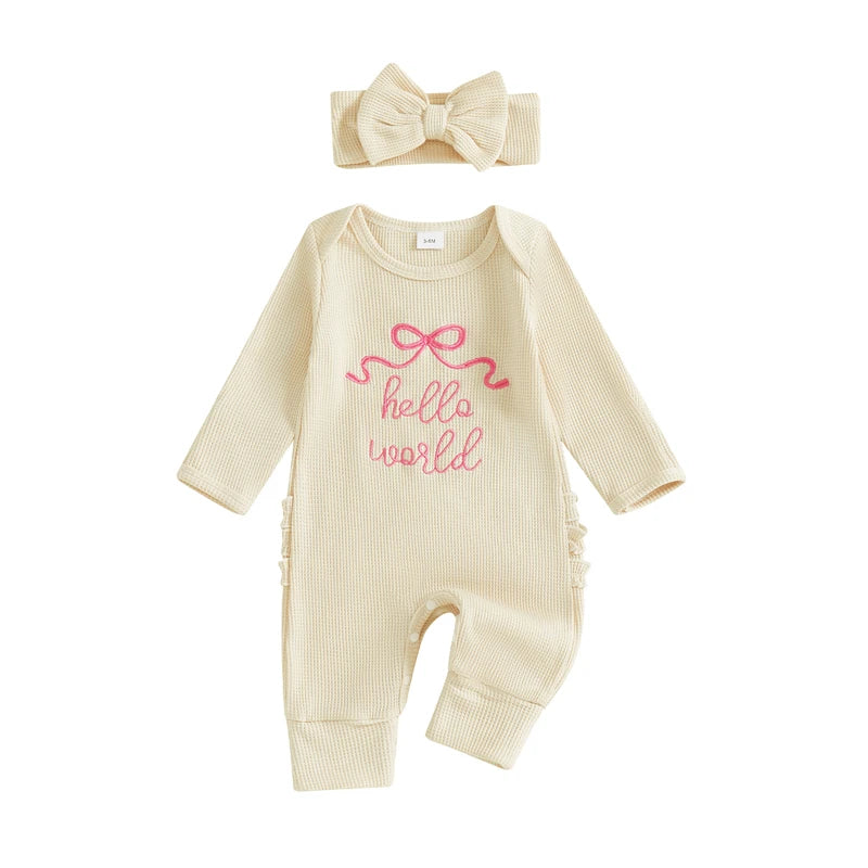 Newborn Baby Girls 2Pcs Fall Romper Outfits Long Sleeve Round Neck Bow Letter Embroidery Jumpsuit with Headband Set