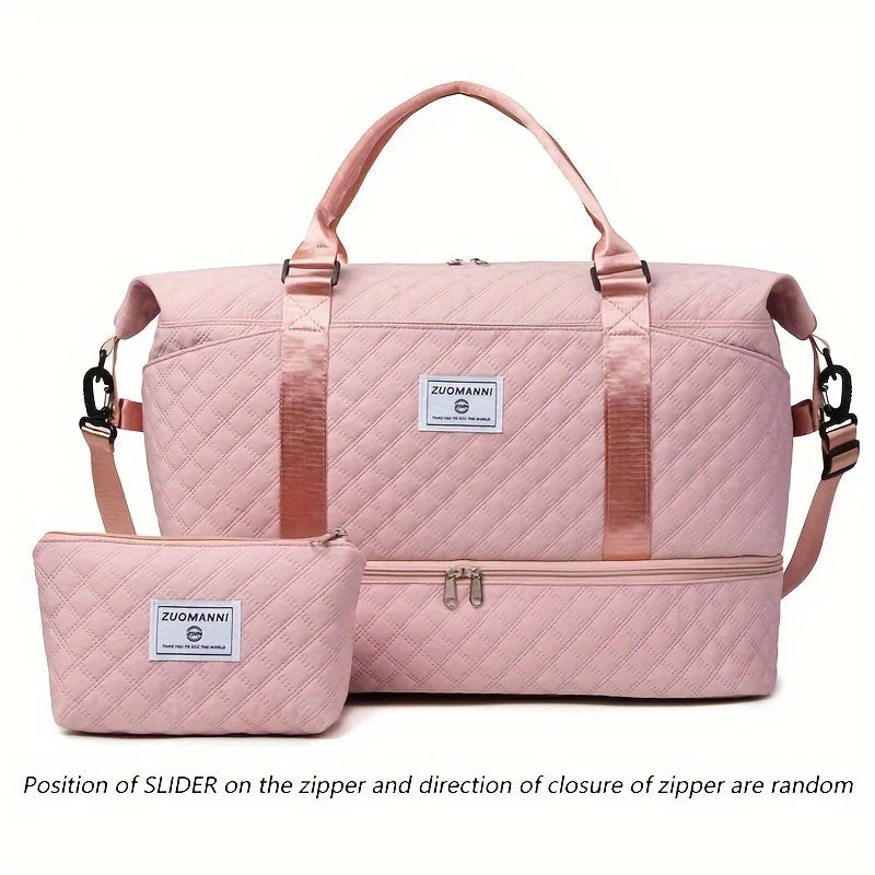 2pcs Set Large Capacity Travel Duffel Bag with Shoe Compartment and Cosmetic Pouch, Casual Nylon Gym Bag, Weekend Overnight Bag