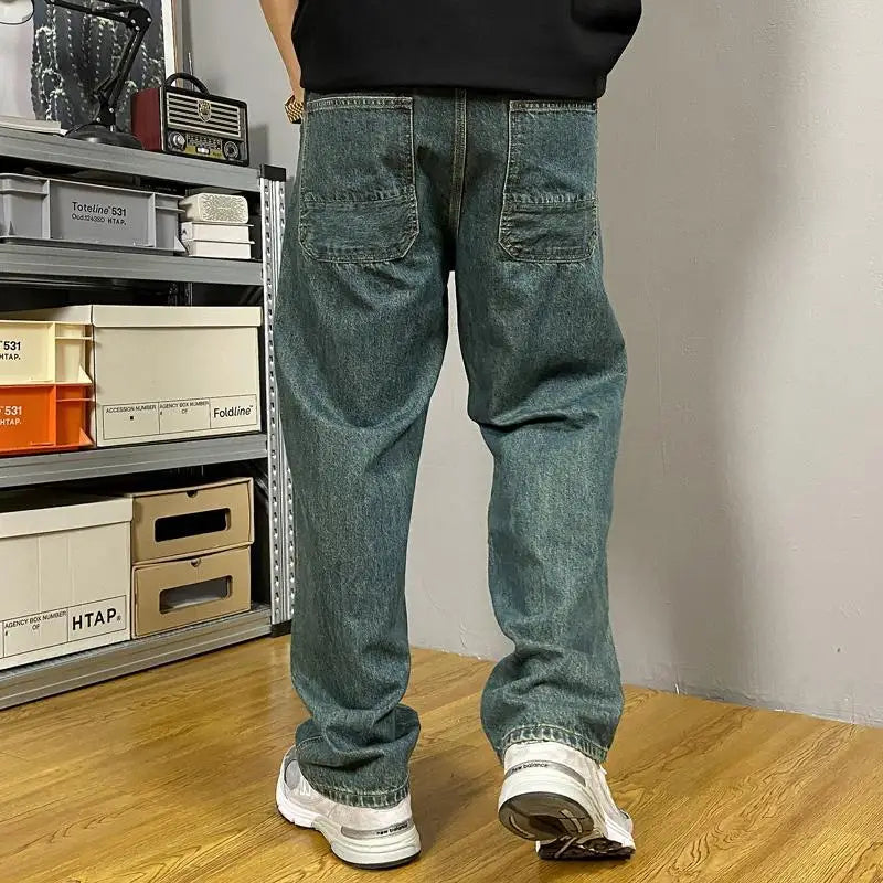 Embossed Trendy Workwear Jeans Men's Loose Straight Leg Retro Washed Trendy Casual Pants