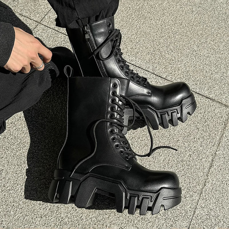 men fashion punk gothic platform boots designer original leather shoes cowboy high boot black stylish long motorcycle botas mans
