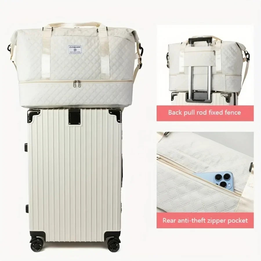 2pcs Set Large Capacity Travel Duffel Bag with Shoe Compartment and Cosmetic Pouch, Casual Nylon Gym Bag, Weekend Overnight Bag