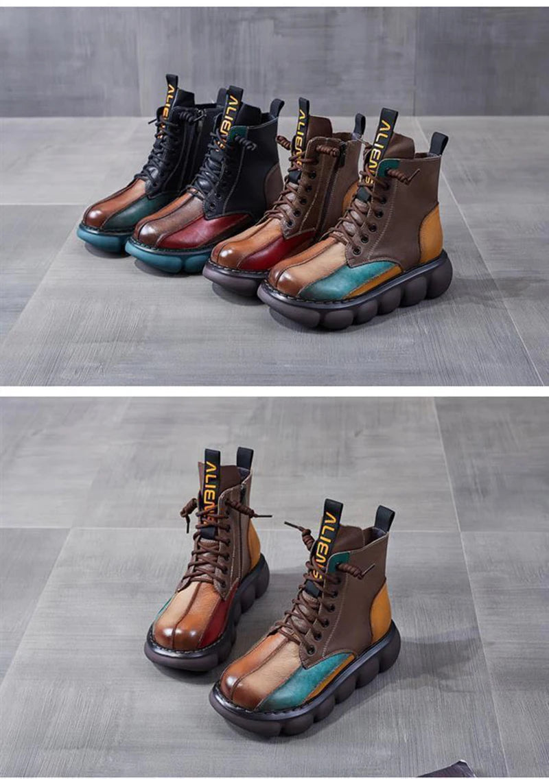 New Autumn Boots Women Mixed Colors Shoes Fashion Round Toe Lace Up Casual Thick-soled Ladies Flat Platform Short Boots