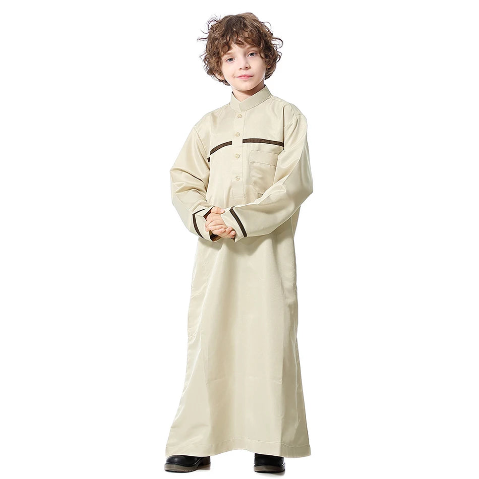 Ramadan Eid Islamic Boys Long Robe Children Traditional Arab Thobe Thawb Caftan Solid Color Long Sleeve Stand Collar with Pocket