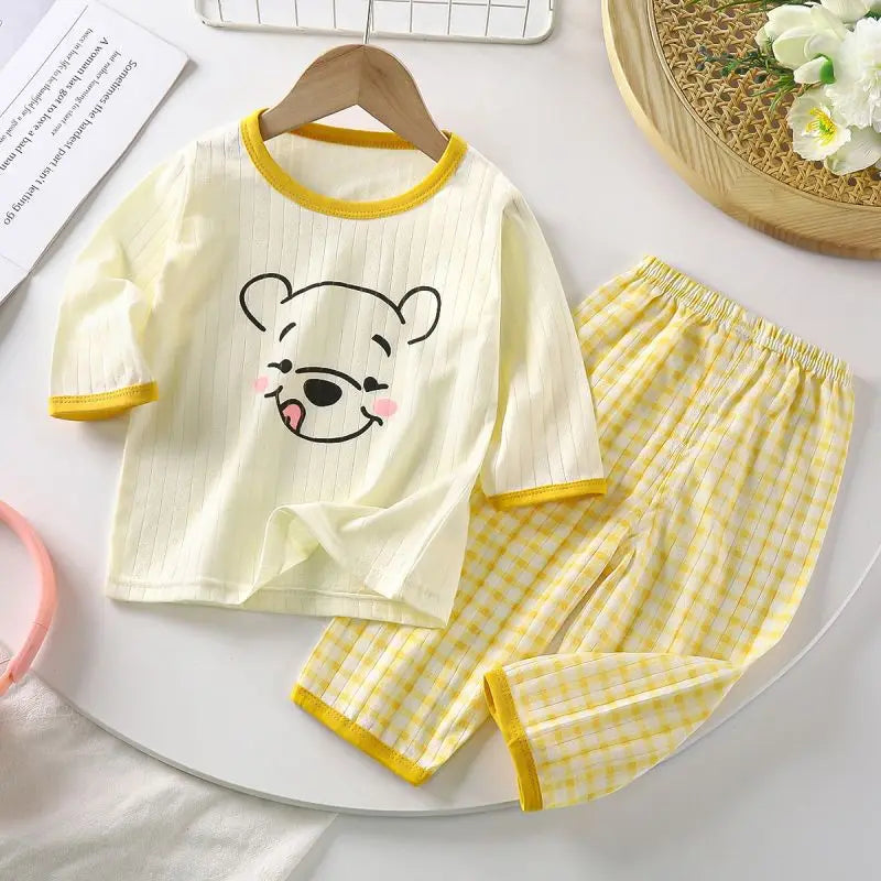 Babies Cartoon Sleepwear 2pcs Summer Wear Thin Soft Loose Home Clothes Sets Infant Girls Seven-point Sleeve Tops Pajama Pants