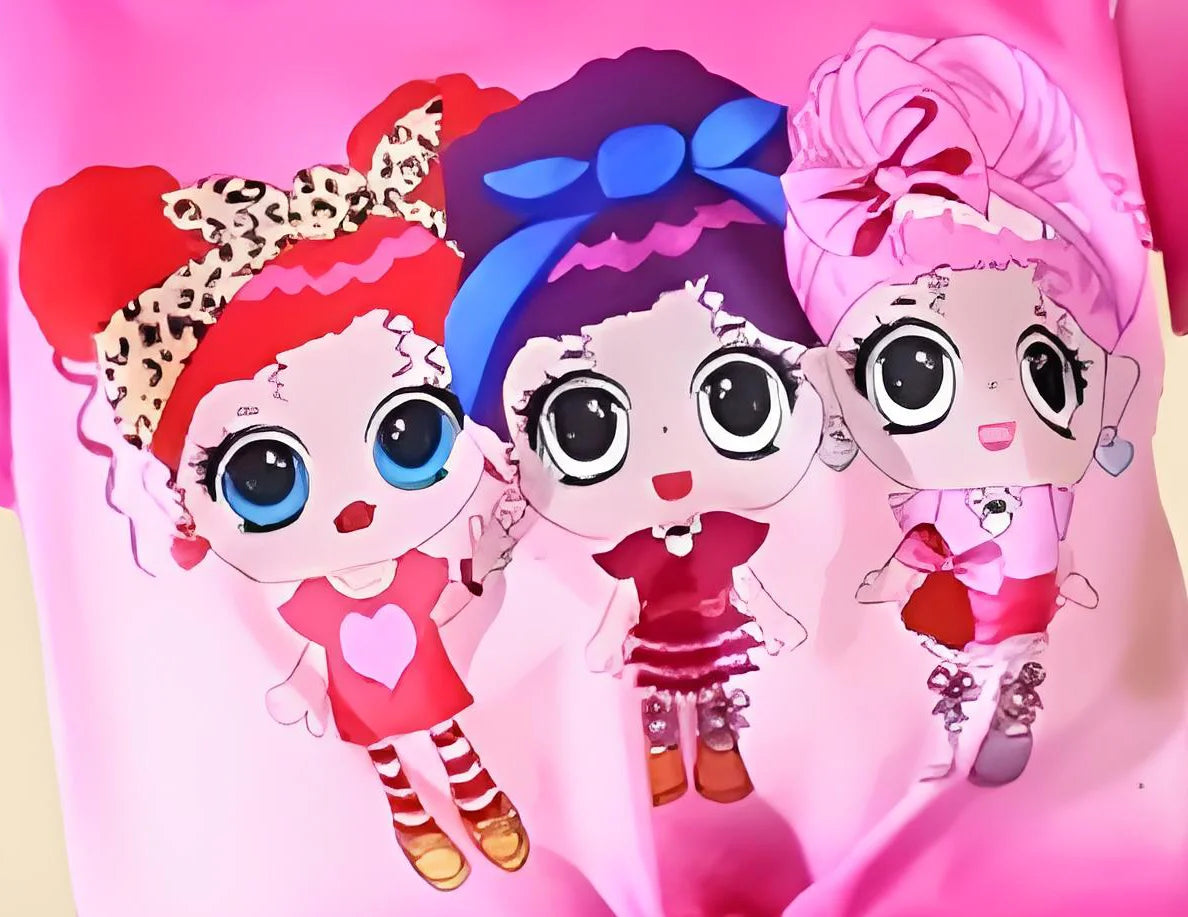 Cute Girl Suit, Cartoon Girl Print With Patterned Pants, Suitable For Girls To Wear Summer