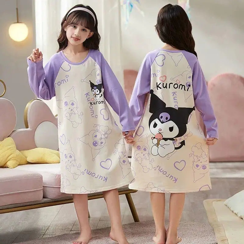 Sanrio My Melody Girls Pajama Kuromi Spring Autumn Long Sleeve Pure Cotton Children's Nightgown Cute Sleepwear Robe Loungewear