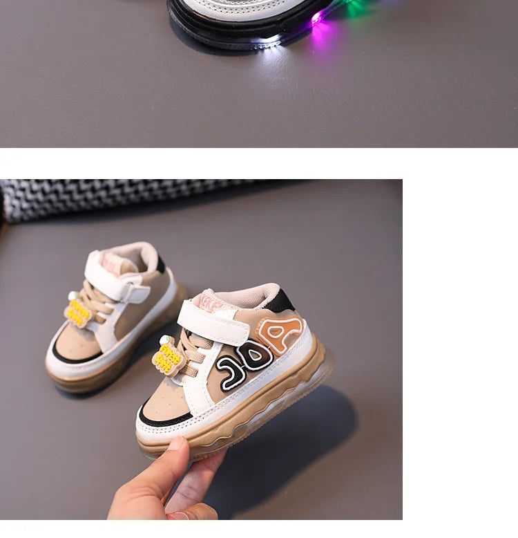 Light Up Sports Shoes for Young Children Fashion Leather Luminous Kids Sneakers Baby Toddler Shoes New Girls Boys Board Footwear
