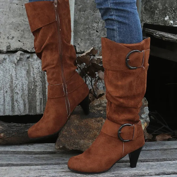 Women's Boots Side Zipper Modern Boots Fashion Pointed Toe Shoes High Heels Suede Mid-Calf Boots Solid Belt Buckle Casual Boot