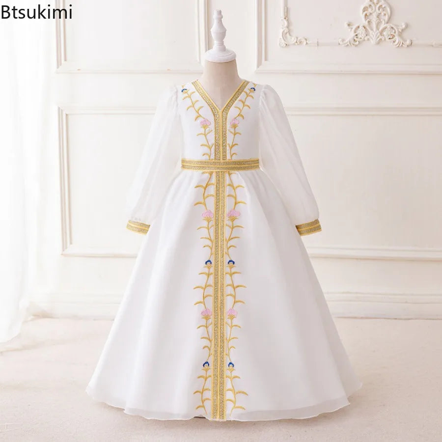 Muslim Ramadan Prayer Gowns Party Girls Dress Long Sleeve Robe Arabic Dubai Abaya Girls Dresses Eid Child Holiday Prom Costumes