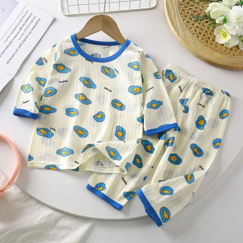 Babies Cartoon Sleepwear 2pcs Summer Wear Thin Soft Loose Home Clothes Sets Infant Girls Seven-point Sleeve Tops Pajama Pants