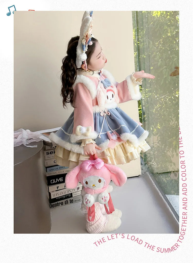Anime My Melody Lolita Princess Dress Girl Bow Decoration Party Dress Ruffled Tutu Skirt Fleece-Lined Layered Dress Ball Gown