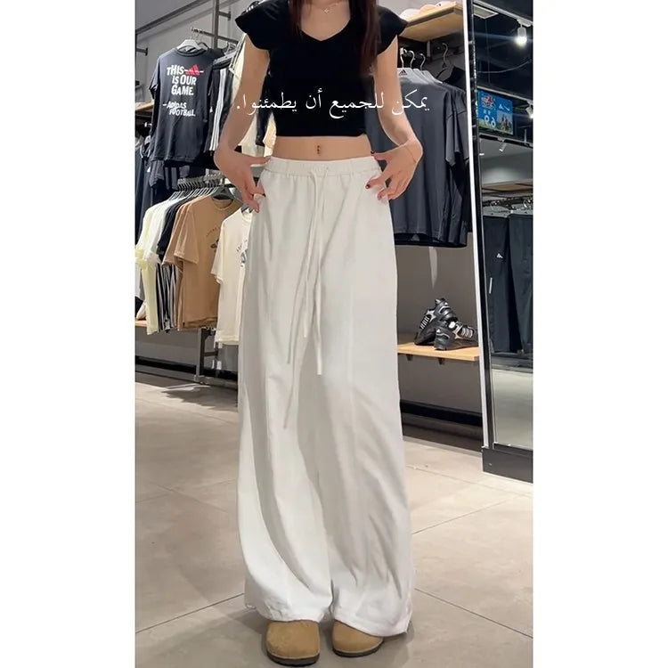 Korean Sle Simple White Straight Leg Pants Women Summer Thin High Waist Wide Leg Loose Feelings Casual Trousers