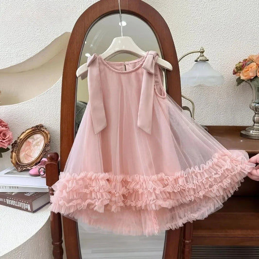 Pink Dreamy Sweet Girl Fairy Princess Dress Sleeveless Bow Decoration Mesh Lace Children's Casual Clothes Birthday Party Summer