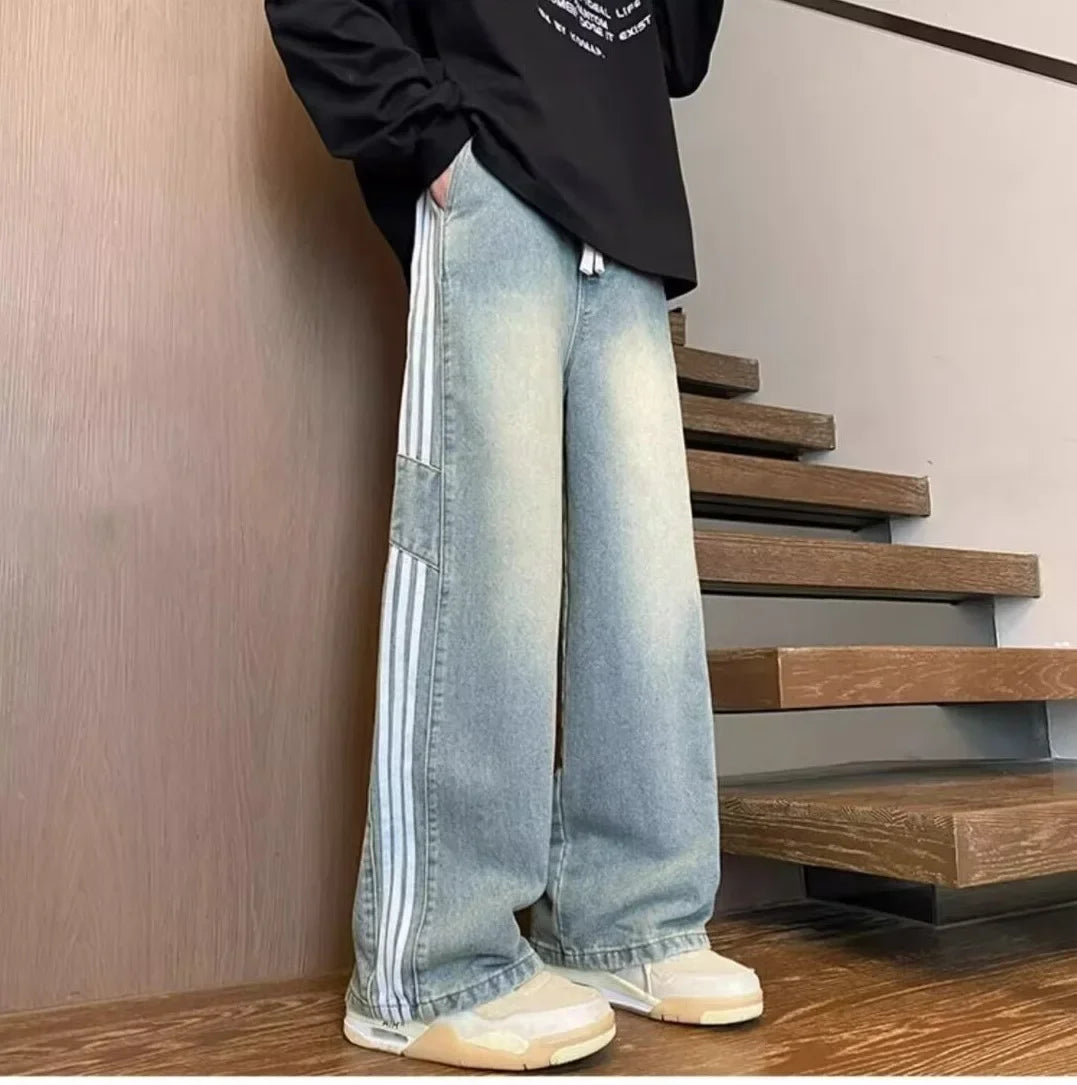 American Style Retro Men's Straight Leg Jeans Spring Autumn Trendy High Street Loose Wide Leg Long Pants Water Washed