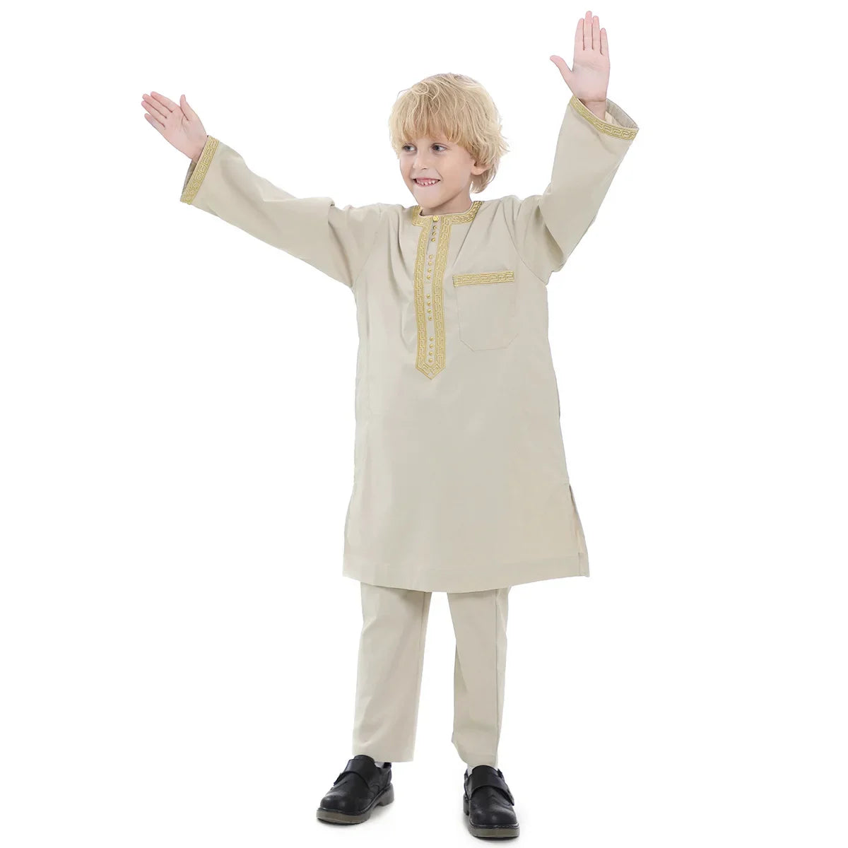 Muslim Children Robe 2 Pieces Set Kids Boy Round Neck Long Sleeve Printed Dress Shirt Abaya Kaftan Jubba Thobe Islamic Clothing
