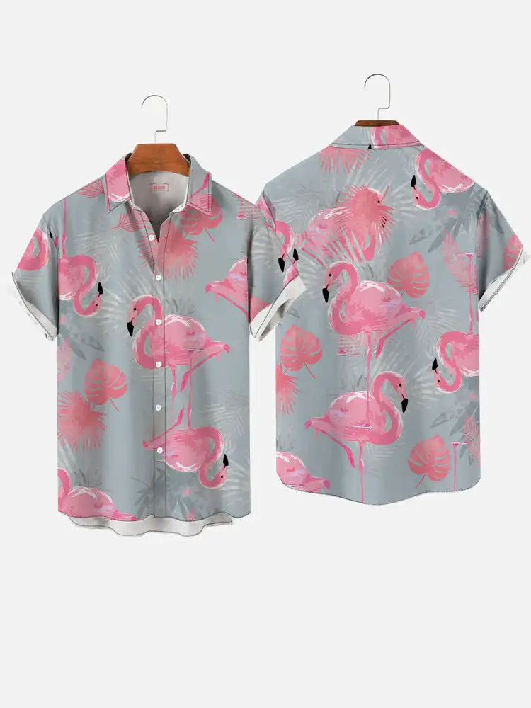 Summer Flamingo Print Shirts Casual Polo Collar Men's Shirt Fashion Animal Print Shirt Hawaiian Beach Style Shirt 3D Print Shirt