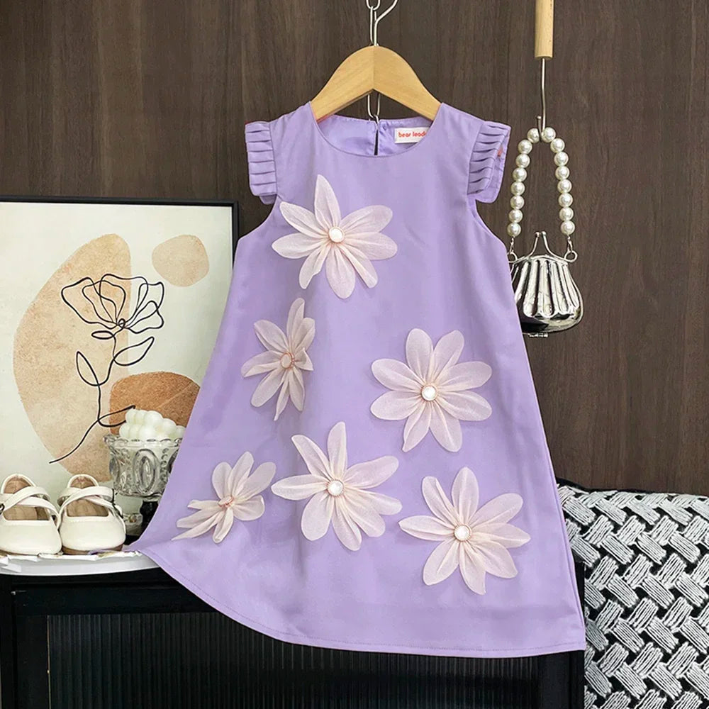 Summer New Girls' Casual Clothes Pleated 3D Flower Sleeveless Princess Dress Korean Version Solid Color Children 2-12 Years Old