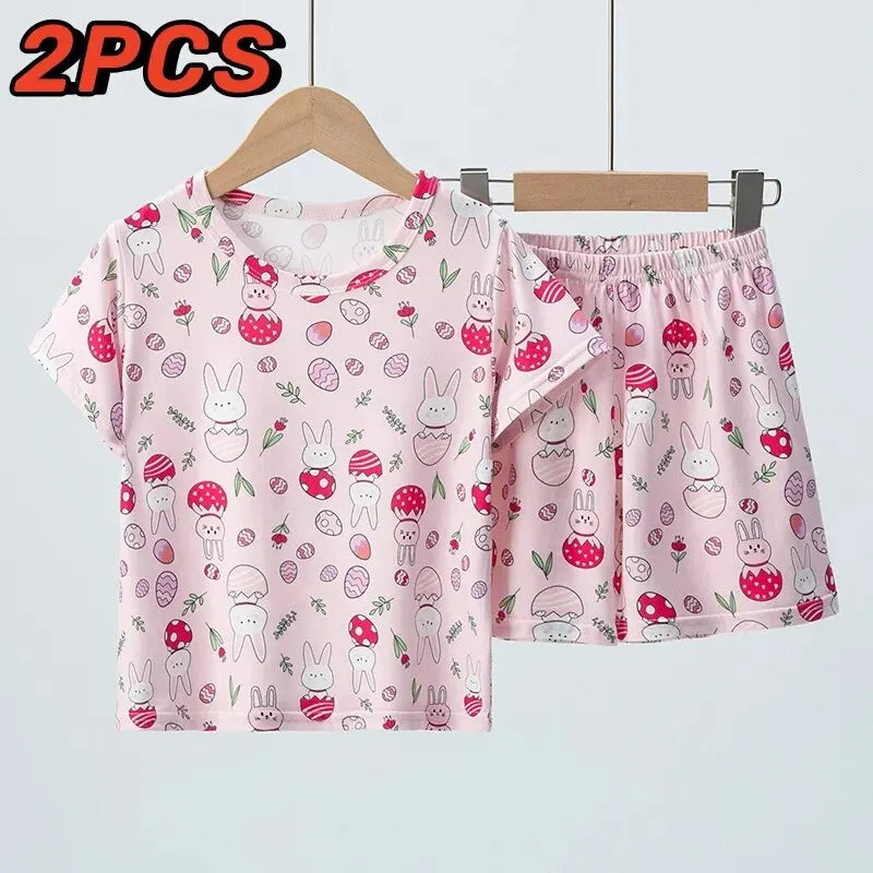 2-piece Summer Children's Shorts Short Sleeve Suit Girl Sweet And Lovely Pink Rabbit Coat Boy Handsome Bear Joker Home Clothes