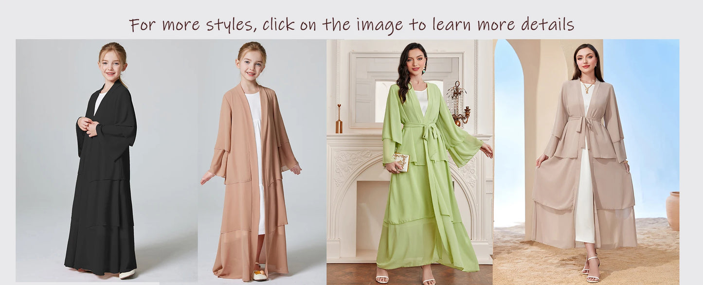 Ramadan Kebaya Muslim Girls Abaya 3 Layered Chiffon Kids Abaya Dress Open Front   Outerwear (Without Hijab)
