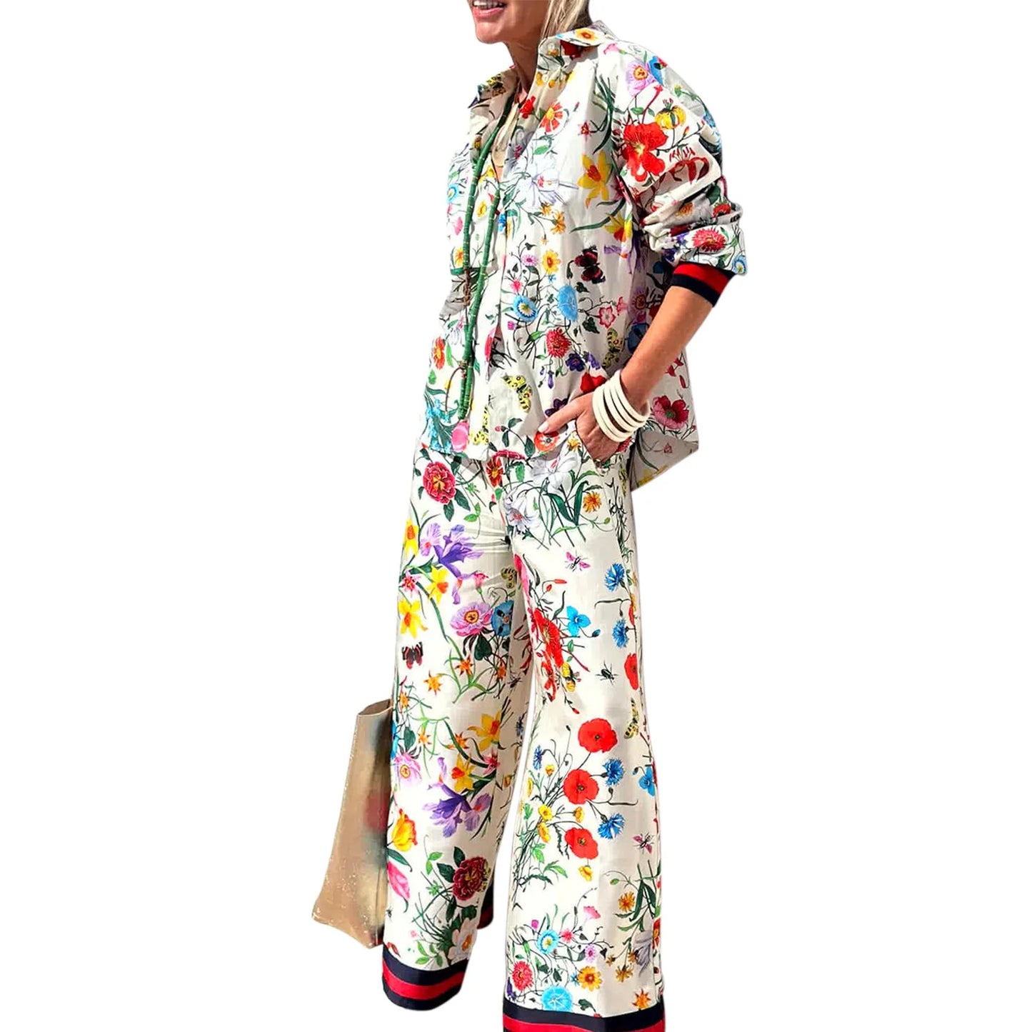 Women's Fall Casual Outfits Floral Print Long Sleeve Button Down Lapel Shirt with Elastic Waist Wide Leg Pants Sets Streetwear