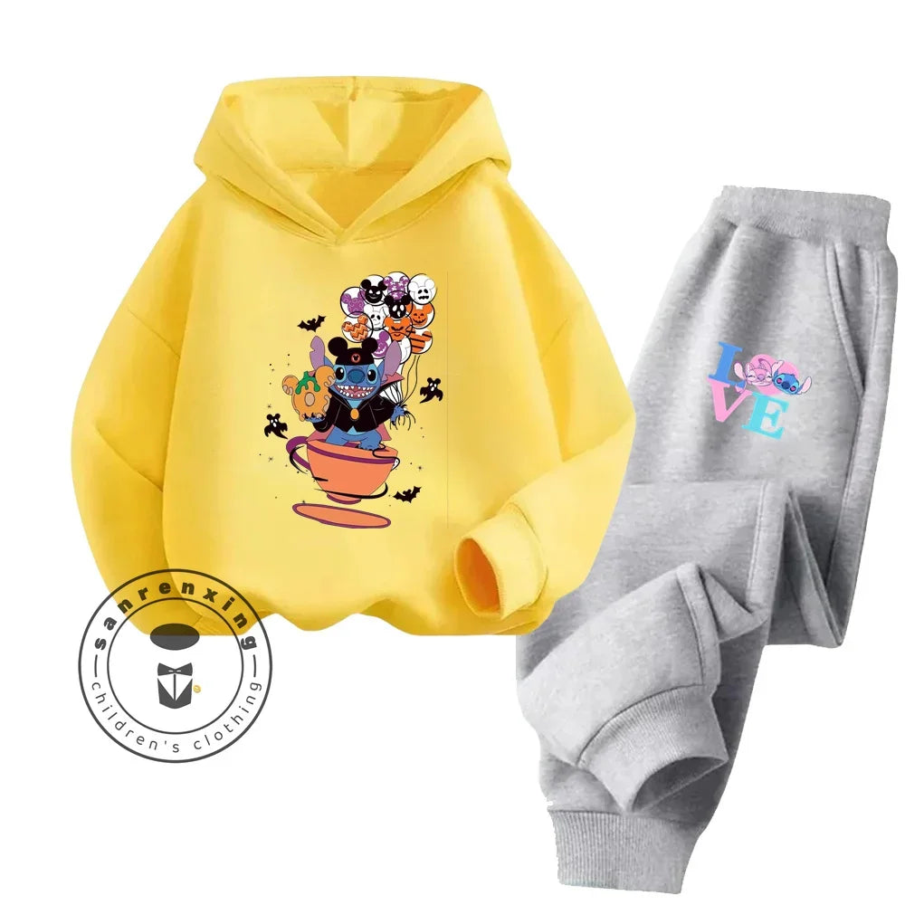 Cartoon Stitch Children Hooded Sweatshirt+Pants Two-piece Set Boy Girl Autumn Winter Daily Outdoor Vacation Warm Soft Sportswear