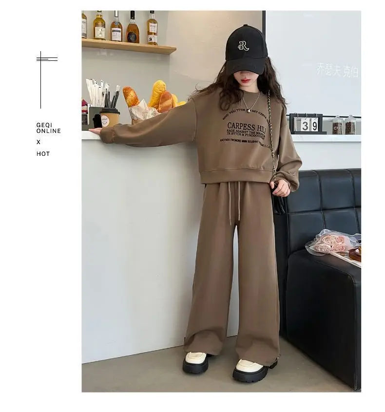 2025 autumn winter kids Girls Clothes Suit Child letters sweatshirt crop top + wide leg pant Tracksuit 4 5 6 7 8 9 10 11 12 year