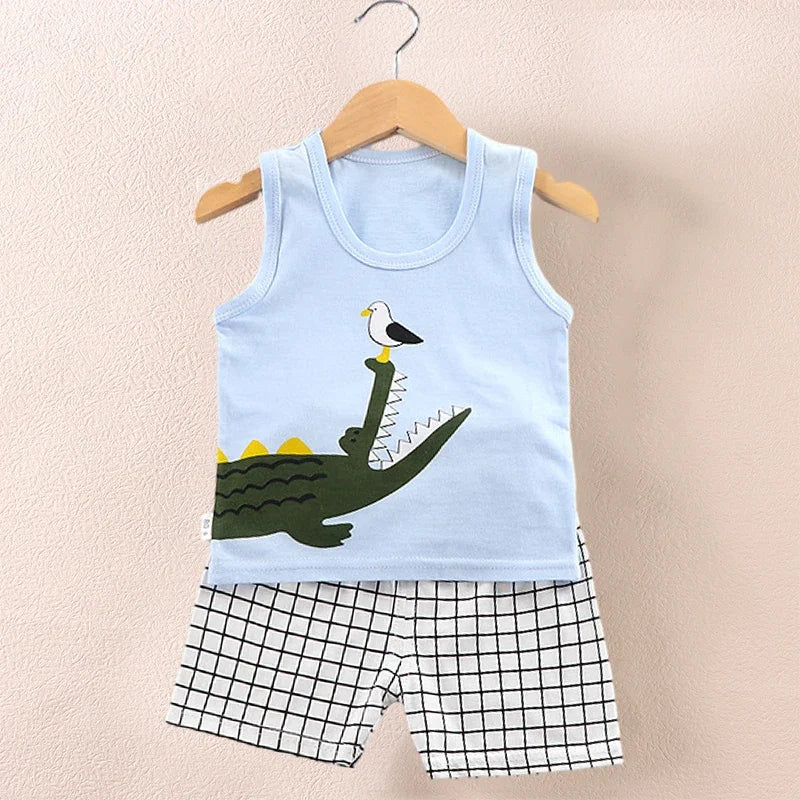 Summer Kids Baby Pajamas Vest+Shorts 2-Piece Clothing Set Boys Girls Cartoon Lion Giraffe Cotton Casual Clothes Suit 0-4 Years