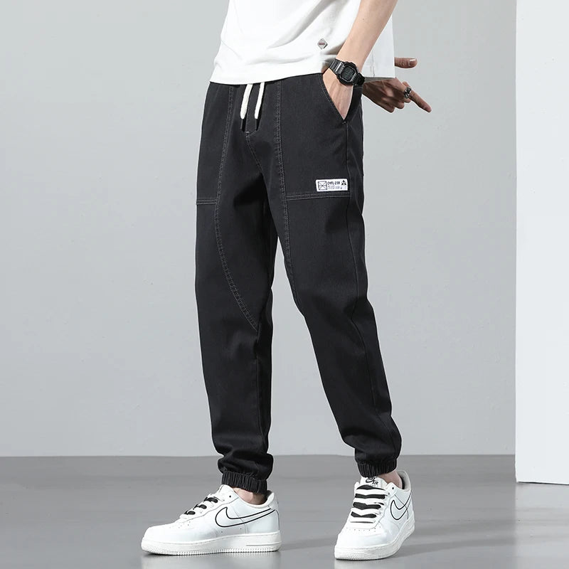 2025 Spring Summer Jeans Men Cotton Thin Beam Feet Harem Pants Elastic Drawstring Waist Light blue Joggers Trousers Male 28-38