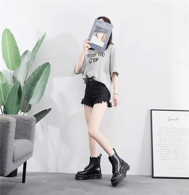 Genuine Leather British Style Thick-Soled Boots for Women 2025 New Autumn and Winter High-Top Height-Increasing Mid-Calf Black P