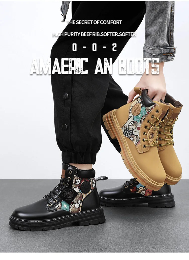 New Men's Boots Designer Luxury Men Working Boots High Tops Platform Leather Shoes for Men British style Motorcycle Botas Hombre