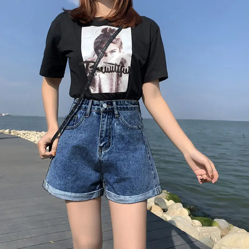 High Waist Loose Fit A- Line Wide Leg Short Jeans Women's Summer Thin New Style Fashionable Cuffed Hot Pants Trendy INS