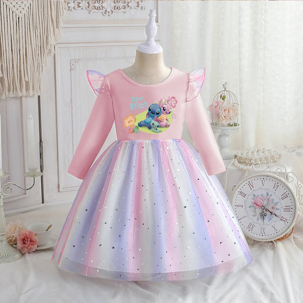 Stitch Princess Dress Autumn New Disney Baby Girls Dress Spring Autumn Long-sleeved For Children Kids Clothes Birthday Party