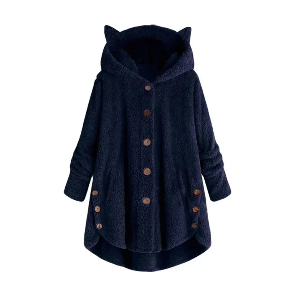 Cat's Ears Women Hoodie Plus Warm Hooded Sweatshirt Cute Winter Cute Ears Hooded Irregular Hem Buttons Jacket Fleece Coat