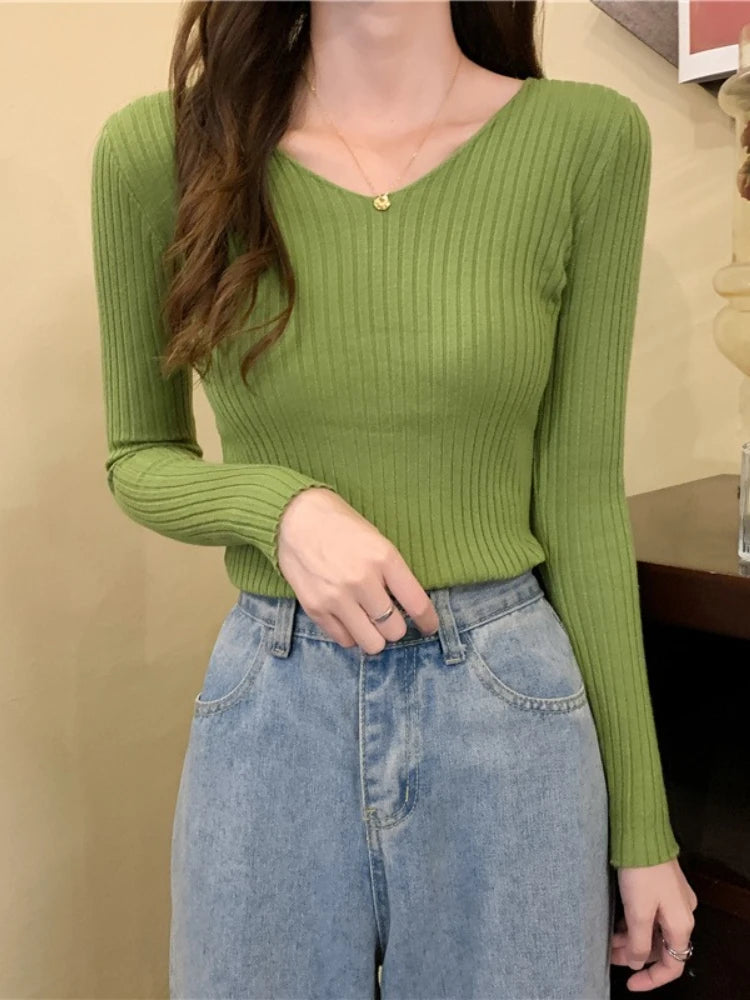 2026 Fashion Casual Long Sleeve Knitted Sweaters Korean Autumn Winter V Neck Sweater Solid Color Slim Pullovers Women Clothes