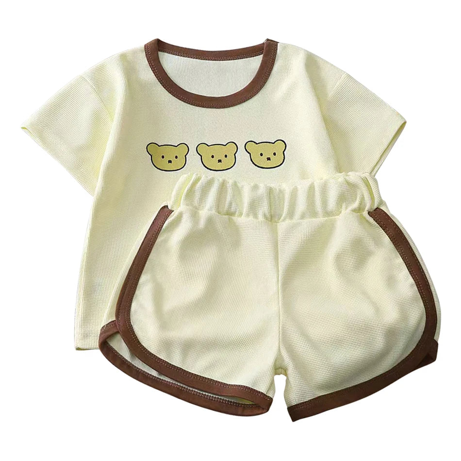 Kids Cartoon Pattern Waffle Like Knit Short Sleeve Set Children Stretchy Waist Summer Casual Clothes Two Piece Outfit 2025