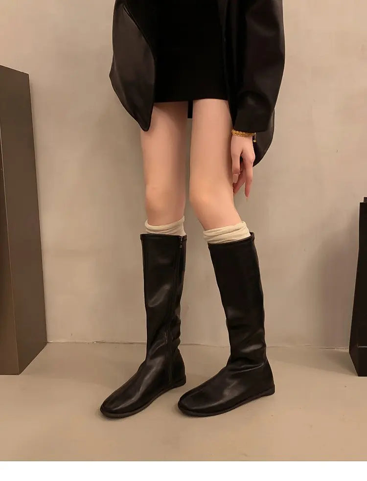 Comemore Long Boots Women's Shoes 2025 New Autumn and Winter Solid Color Botas Flat Bottom Round Head Knee High Boots for Women