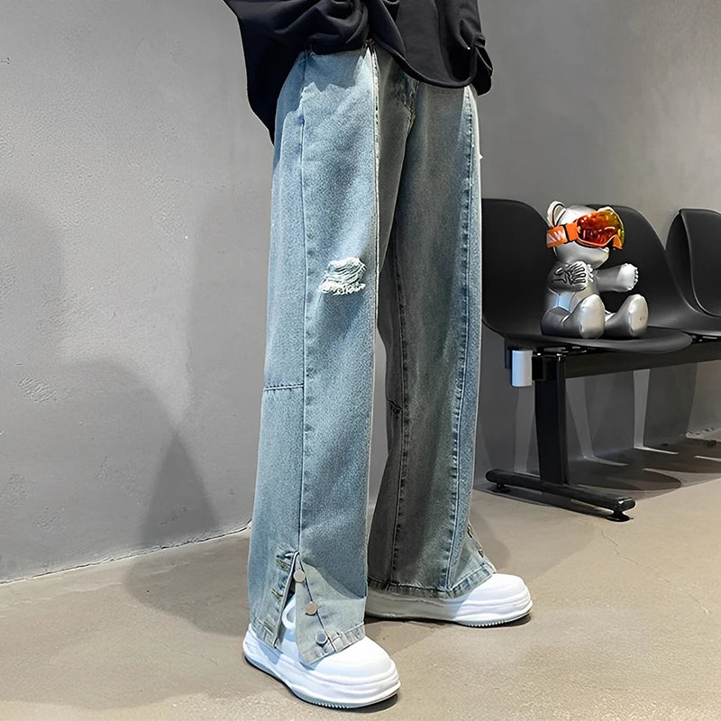 Men's Letter Embroidered Hip Hop Loose Jeans Casual New Broken Holes Streetwear Straight Denim Trousers Male Y2K Baggy Jeans