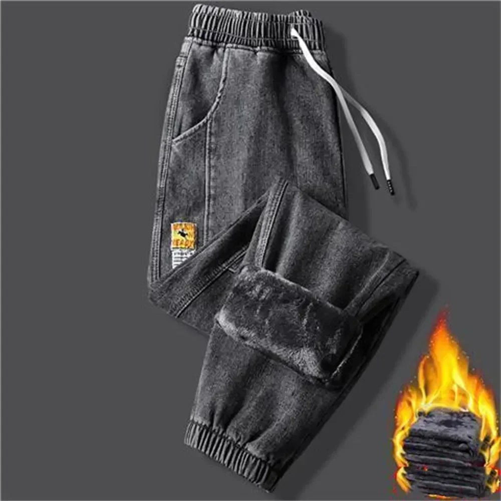 2023New Men's jeans Winter Fleece Jeans Thick Warm Denim Pants Men Streetwear Black Joggers Harem Jean Thermal Trousers