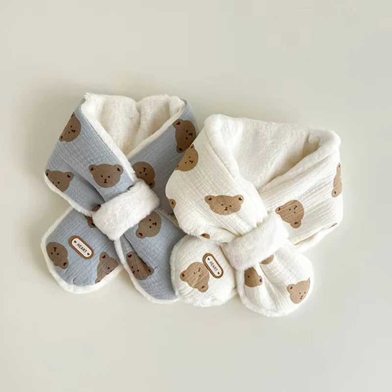 Cute Bear Baby Scarfs Winter Fleece Neck Warmer Cross Scarves for Girls Boys Toddler Kids Warm Accessories Korean 1-6 Years Old
