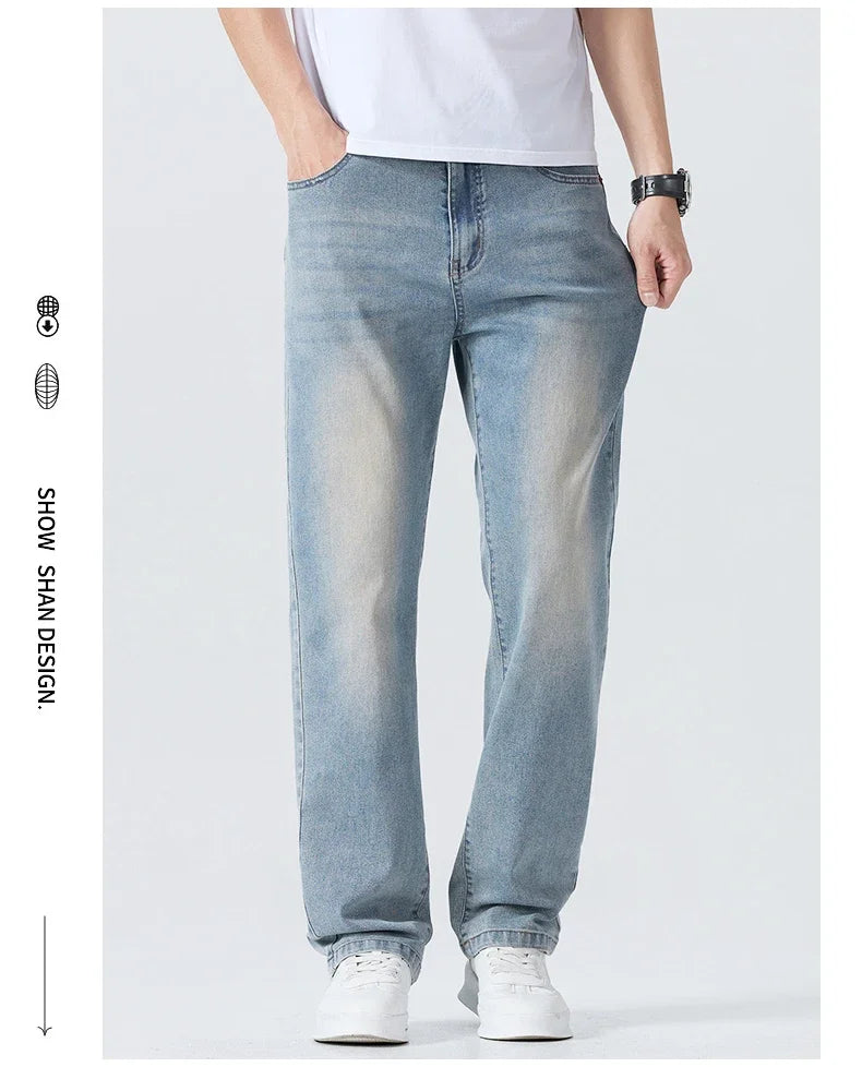 Summer Thin Straight Jeans Men's Clothing Soft Breathable Trousers Male Brand Comfortable Business Loose Denim Pants