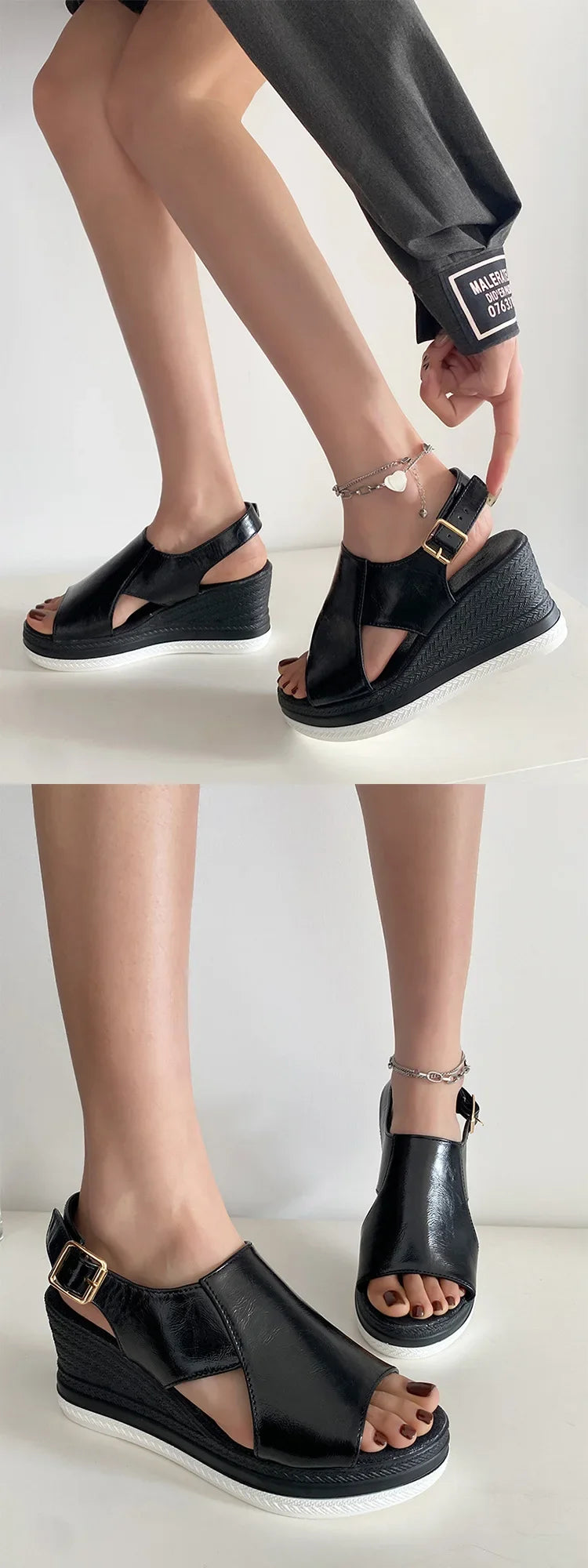 Women Shoes  Fashion Peep Toe Women Wedge Sandals Summer High-heeled Fish Mouth Shoes Soft Leather Height-increasing Beach Shoes