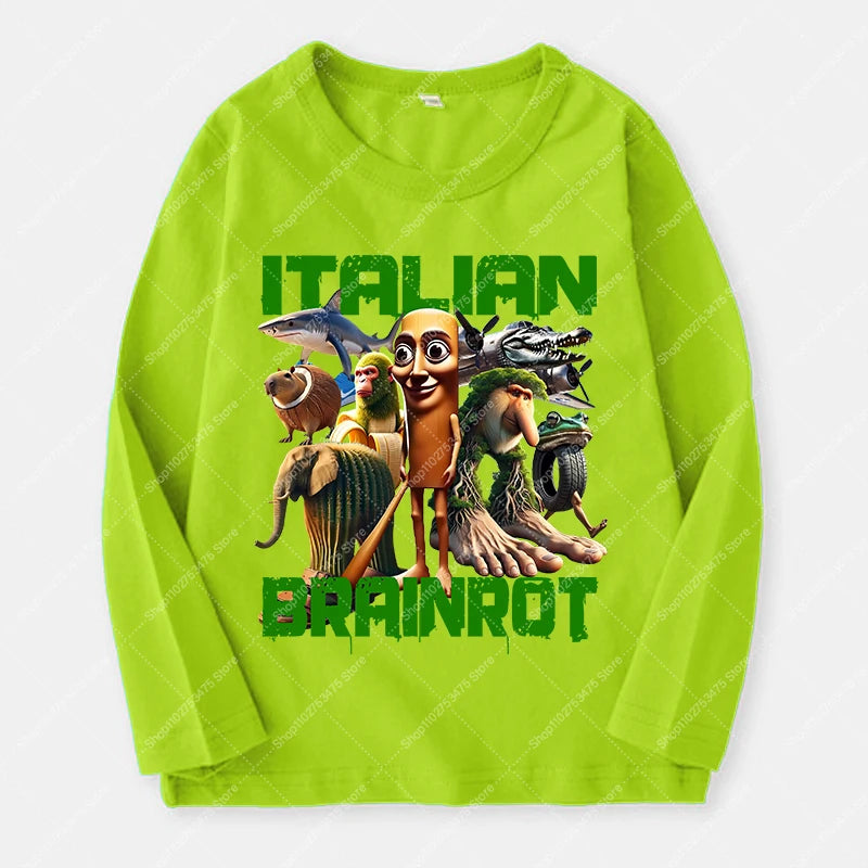 Italian Brainrot Long Sleeve T-shirt for Kids Funny Meme Children Autumn Tops Tung Tung Tung Sahur Tee Boy Girl Clothing Gifts