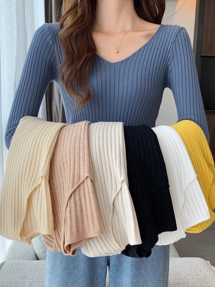 2026 Fashion Casual Long Sleeve Knitted Sweaters Korean Autumn Winter V Neck Sweater Solid Color Slim Pullovers Women Clothes