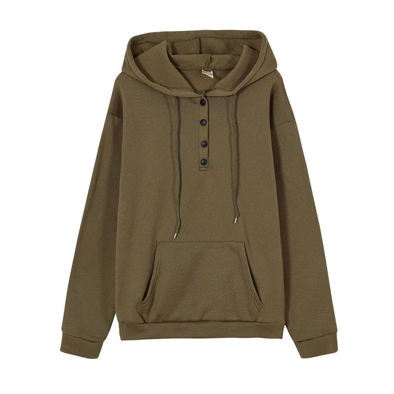 2023 Fashion Trend Long Sleeve Loose Casual V-collar Button Hooded Drawstring Pocket Hoodie